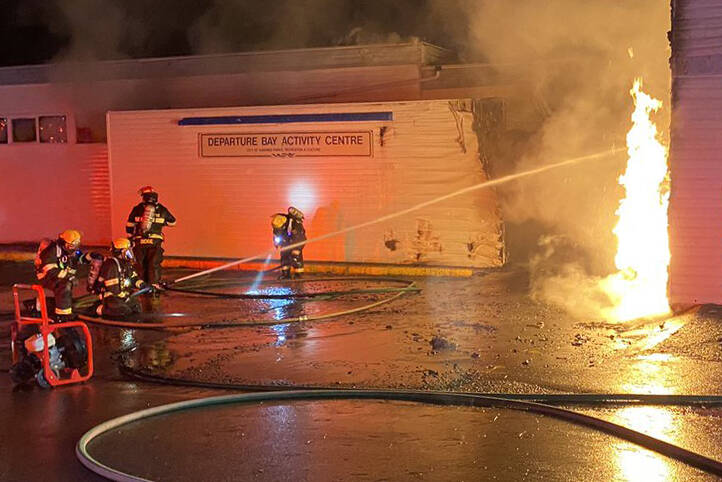 Nanaimo Fire Rescue firefighters put out a blaze at the Departure Bay Activity Centre on Wingrove Street. (Nanaimo Fire Rescue photo)