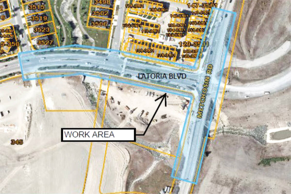 The area around the intersection of Latoria Boulevard and Metchosin Road will be a work zone for the next six months or so, as crews install traffic lights and a new transit exchange, along with other improvements. (Courtesy City of Colwood)