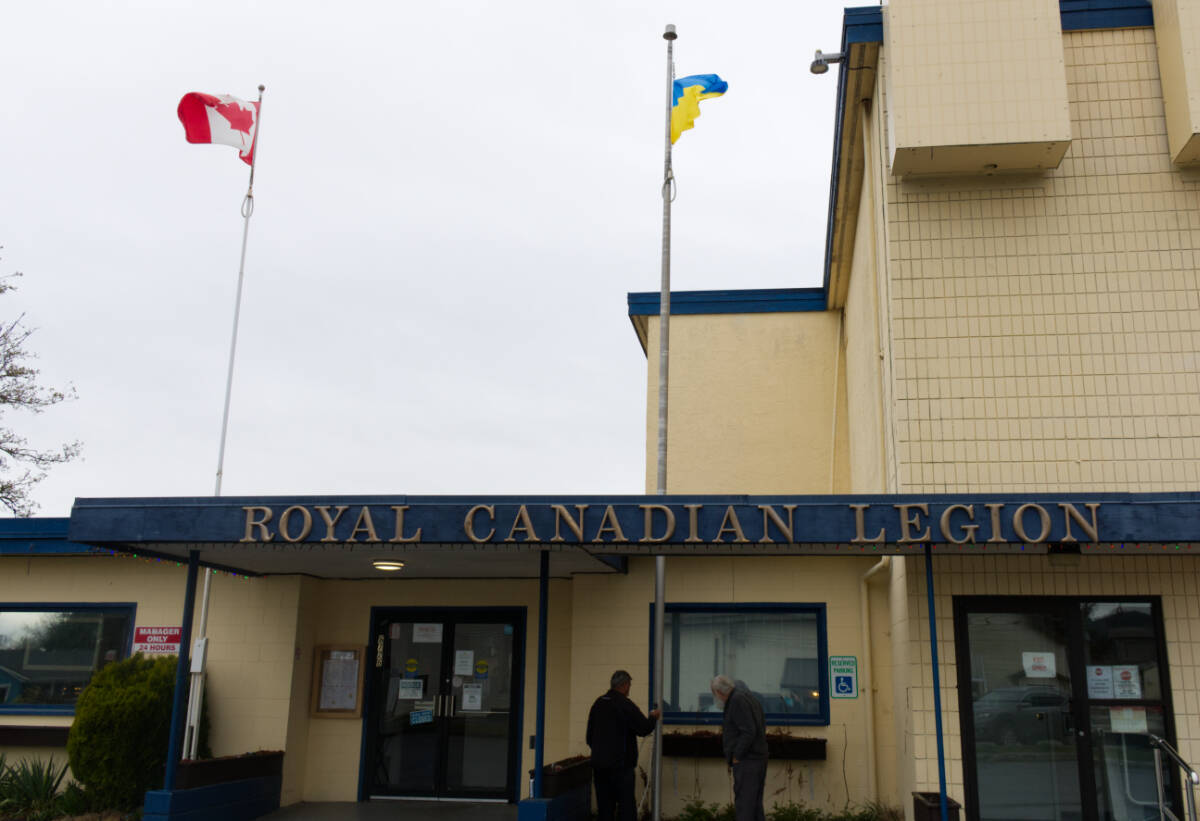 The Ukraine flag flies above Royal Canadian Legion Branch #54 in Sooke. (Bailey Moreton/News Staff)
