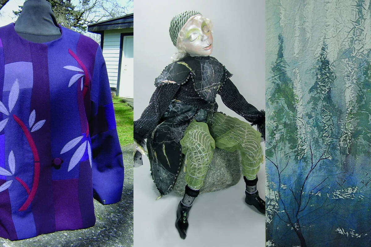 Art pieces produced by some of the members of Fibres and Beyond include (from left) a jacket by Gail Erickson; Whispers, a doll by Linda Danielson, and Kusaki Zome, Misty forest by Elizabeth Tanner. (Courtesy of Fibres and Beyond)