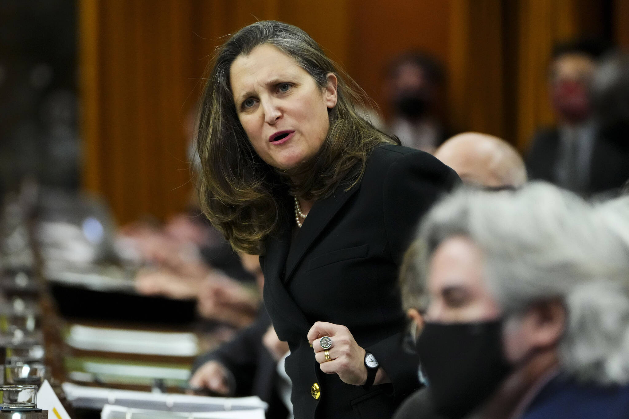 Minister of Finance Chrystia Freeland stands during question period in the House of Commons on Parliament Hill in Ottawa on Tuesday, March 29, 2022. THE CANADIAN PRESS/Sean Kilpatrick