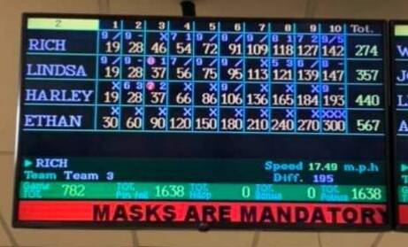 Ethan Belanko (score at bottom) bowled twelve strikes in a row — twice — in February. Photo courtesy Campbell River Bowling Centre