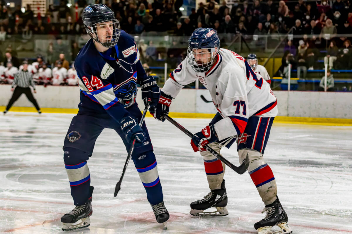 Panther Ryan Grambart (24) and General Brett Arnet along with rest of the respective teams will face off again Friday night at North Saanich’s Panorama Recreation Centre for Game 6 of the Vancouver Island Junior Hockey League finals after the Generals blitzed the Panthers 7-4 Wednesday. (Courtesy Christian J. Stewart Photography)