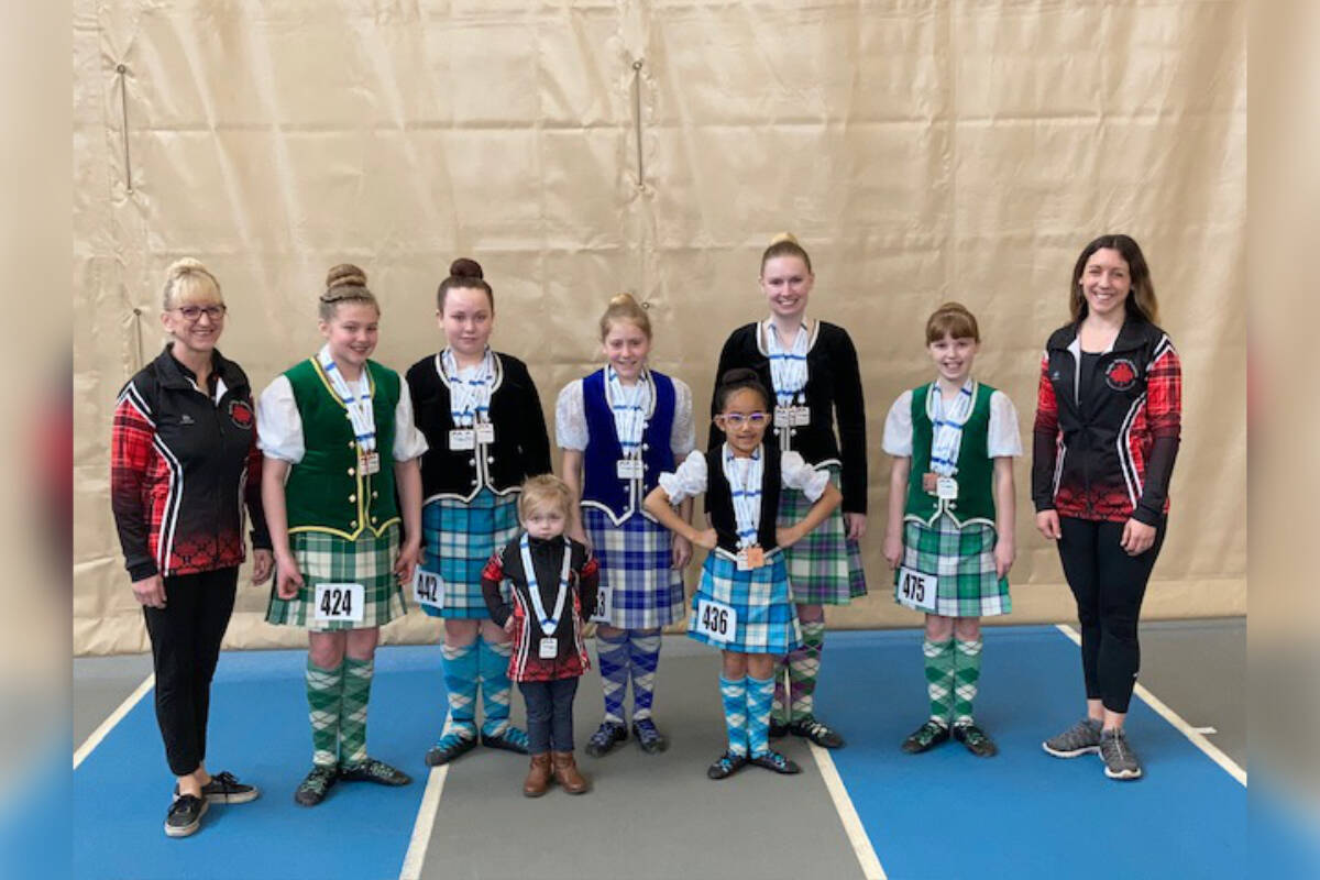 Dancers from Kathy White’s Island Highland Dance Academy competed at the Western Canada Open Championship in Kamloops March 26 and 27, taking home a combined 51 medals and a trophy. (Photo Courtesy of Kathy White)