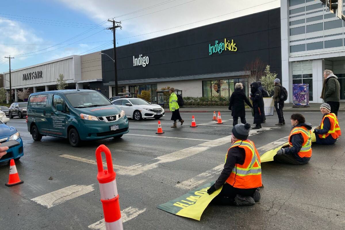 Protesters with Save Old Growth block traffic at Finlayson and Douglas streets Monday morning. (Courtesy Save Old Growth)