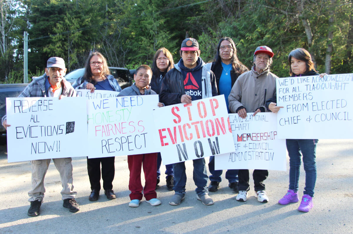 Tla-o-qui-aht First Nation members protested against a recent surge in evictions during a demonstration held outside the First Nation’s administration office on Thursday, March 31. (Andrew Bailey photo)