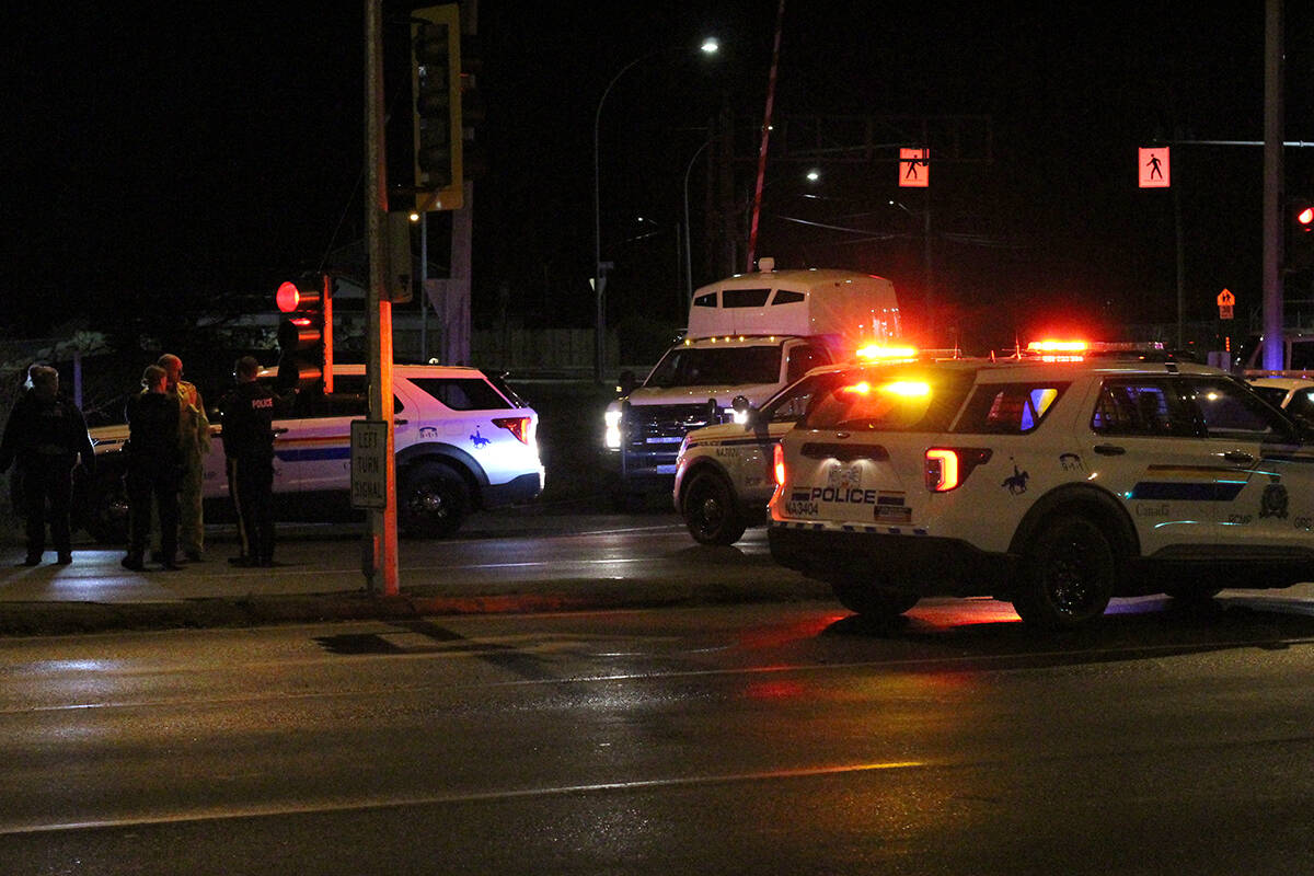 RCMP at the scene of the old Island Highway, Jingle Pot Road and Norwell Drive on Monday, April 4, after a pedestrian was struck by a car and later died in hospital. (Greg Sakaki/News Bulletin)