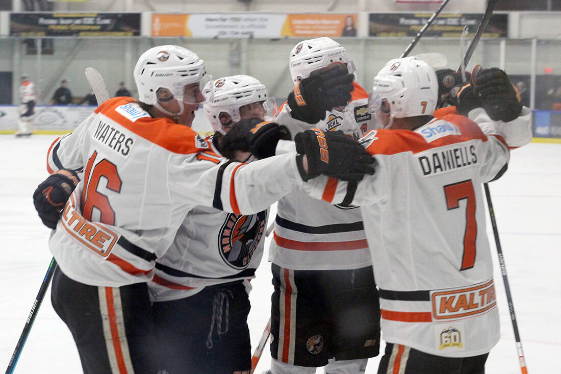 Nanaimo Clippers players celebrate a goal this past weekend in BCHL playoff action at Frank Crane Arena. The team went on to win its series on the road Tuesday, April 5. (News Bulletin file photo)