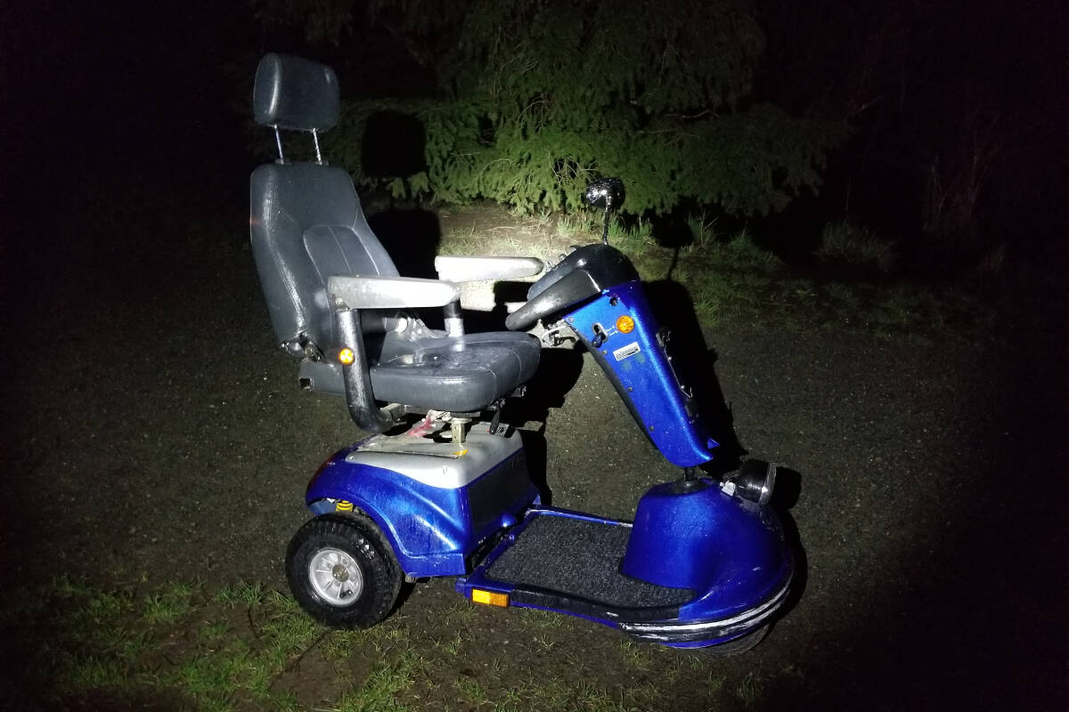 The West Shore RCMP is seeking the rightful owner of this mobility scooter, which was found last month in a Colwood park. (Courtesy of West Shore RCMP)