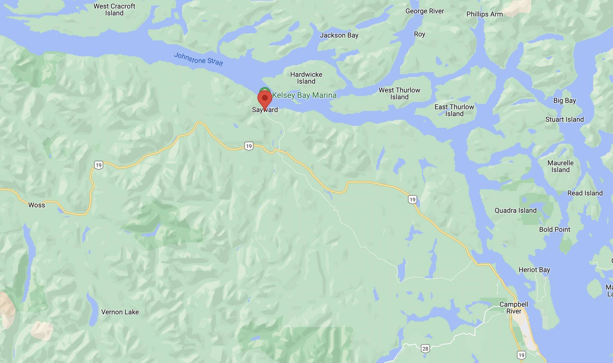 Sayward is 74 km north of Campbell River. Photo courtesy Google Maps