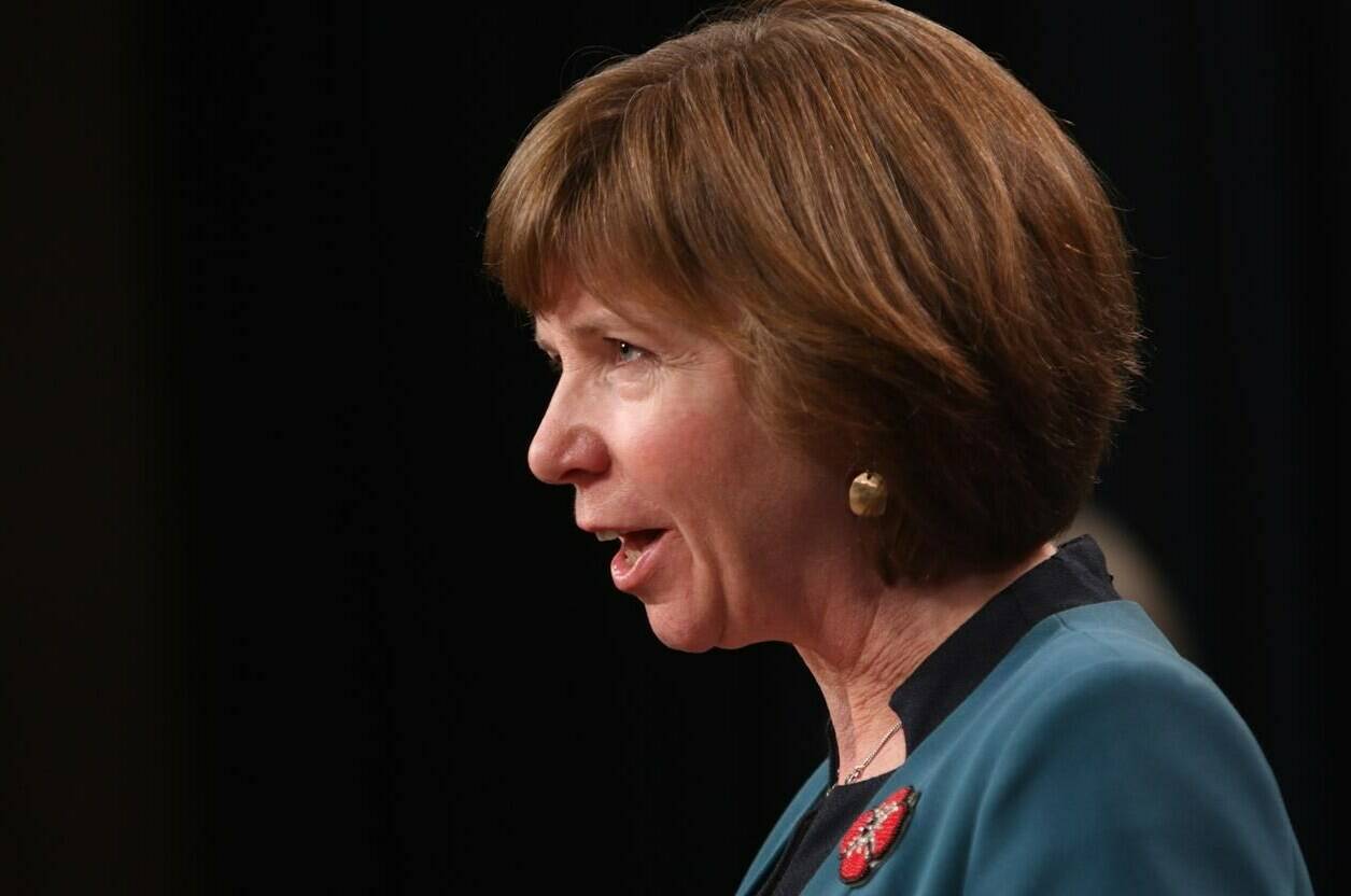 Sheila Malcolmson speaks at a press conference in the press gallery at the Legislature in Victoria, Monday, Nov. 1, 2021. B.C.’s mental health and addictions minister said Health Canada is thinking about lowering the threshold for the province’s decriminalization request. THE CANADIAN PRESS/Chad Hipolito