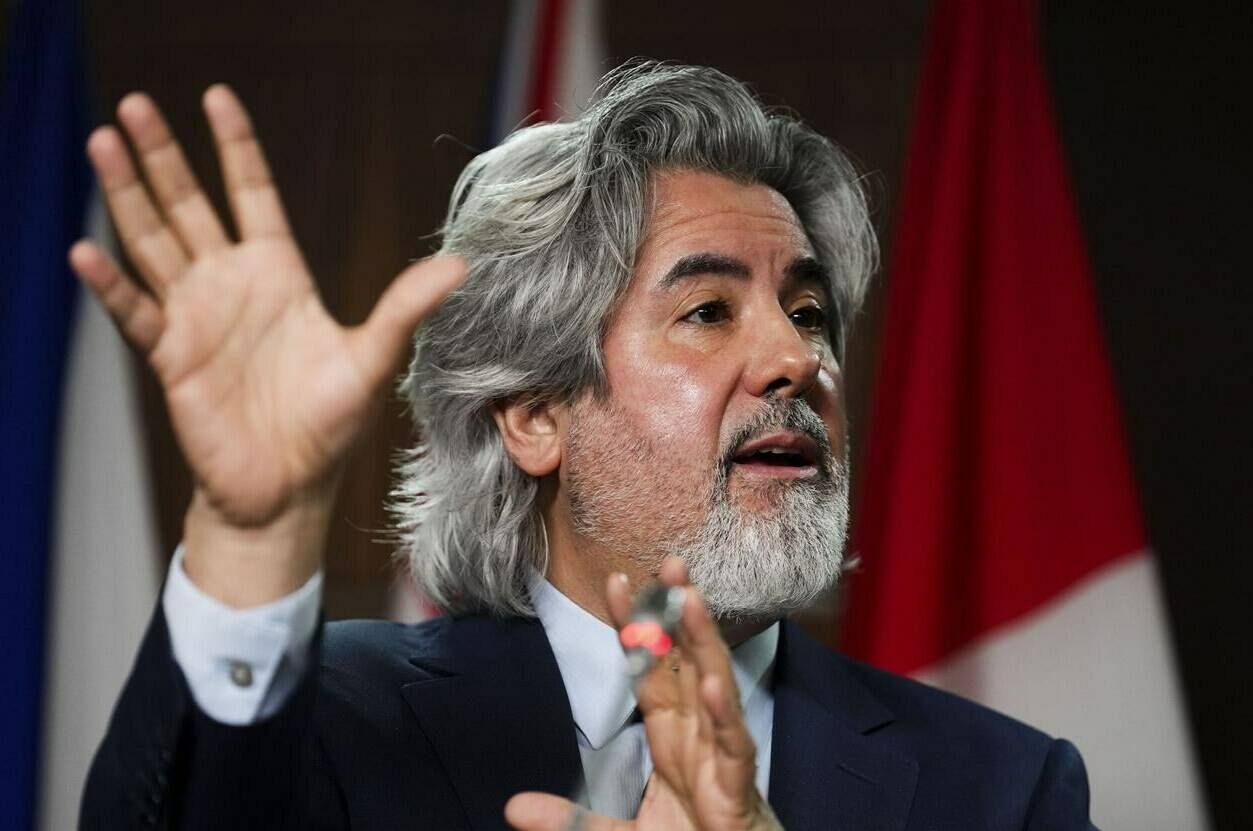 Minister of Canadian Heritage, Pablo Rodriguez, holds a press conference regarding the introduction of Bill C-18, the Online News Act, on Parliament Hill in Ottawa on Tuesday, April 5, 2022. THE CANADIAN PRESS/Sean Kilpatrick