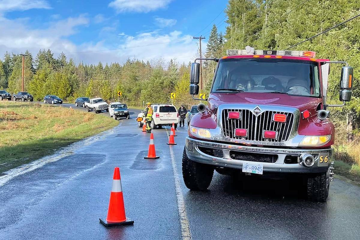 BC Ambulance, firefighters and police were on scene at a head-on collision along the 700 block of Corcan Road in rural Qualicum Beach at approximately 5:15 p.m. on Monday, April 4, 2022. (Dashwood Volunteer Fire Department Facebook photo)