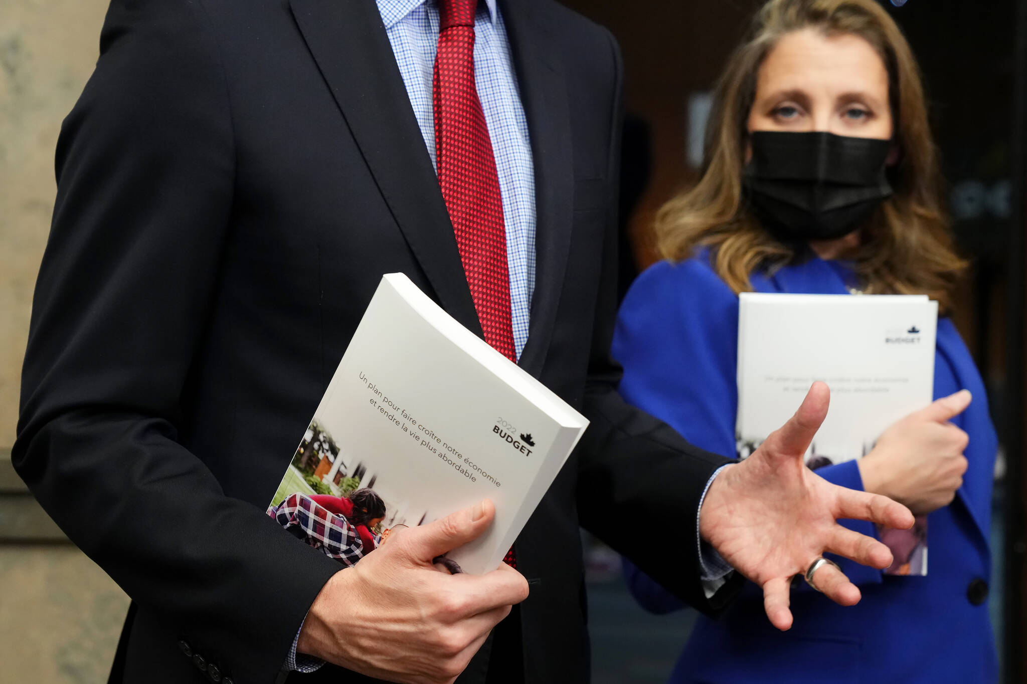 Finance Minister and Deputy Prime Minister Chrystia Freeland and Prime Minister Justin Trudeau speak with members of the media before the release of the federal budget, on Parliament Hill, in Ottawa, Thursday, April 7, 2022. THE CANADIAN PRESS/Sean Kilpatrick
