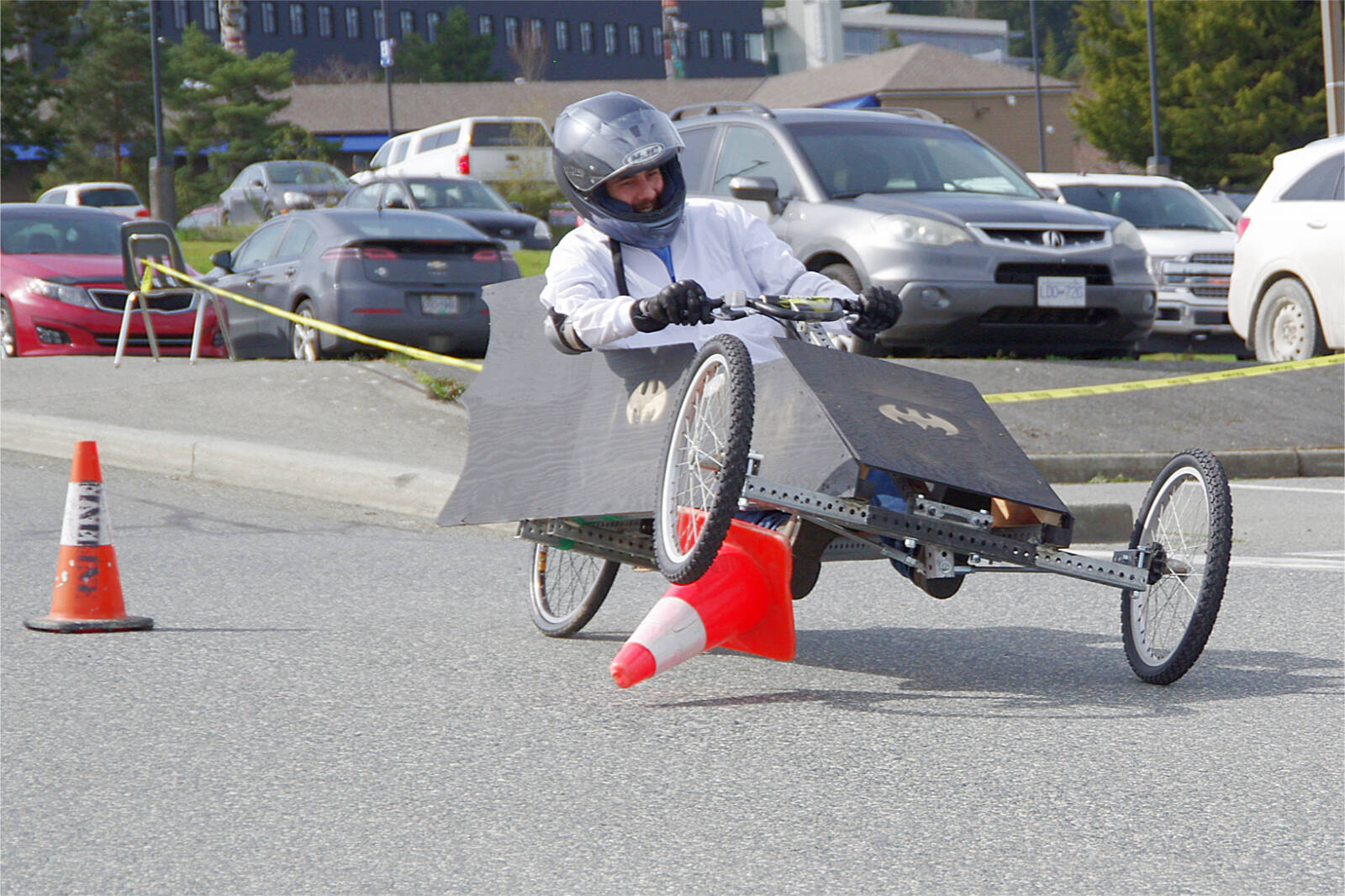 Physical forces conspire against Dustin Haracka and his ‘Batmobile’ as he tries to navigate a downhill slalom course during the first Vancouver Island University Engineering Soapbox Race on Thursday, April 7. (Chris Bush/News Bulletin)