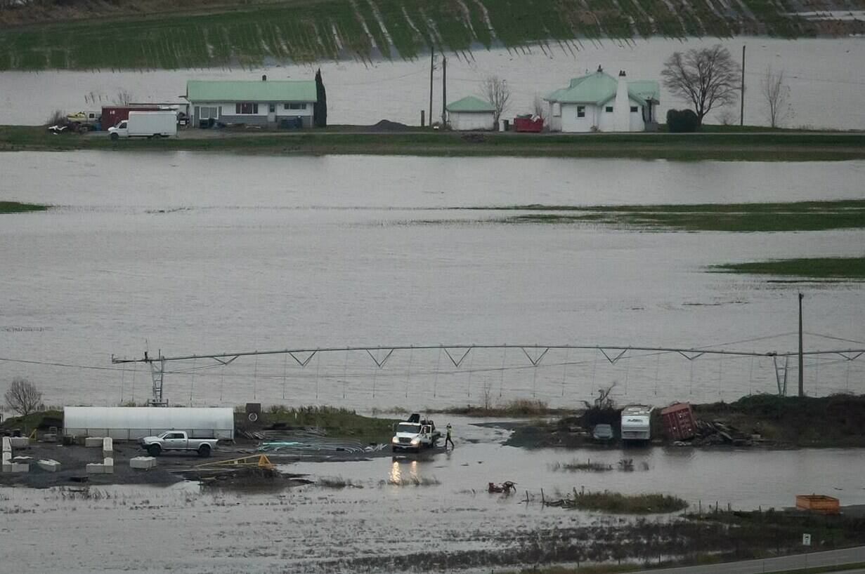 A person stands outside a truck at a greenhouse supply store and nursery surrounded by flooded farmland in Abbotsford, B.C., Wednesday, Dec. 1, 2021. British Columbia mayors whose communities were devastated by last year's flooding and wildfires want the federal government to deliver billions of dollars in promised funding. THE CANADIAN PRESS/Darryl Dyck