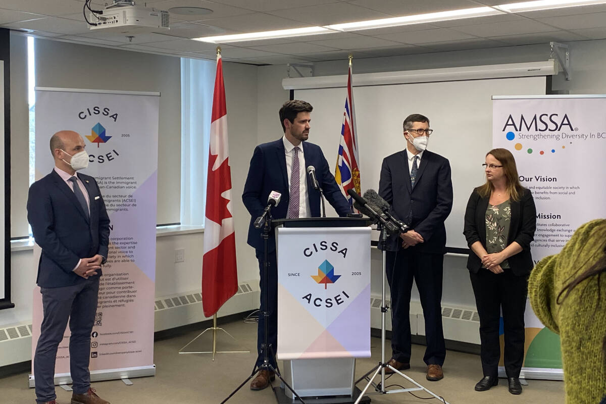 B.C. Municipal Affairs Minister Nathan Cullen announced further supports for Ukrainian refugees at a news conference with federal immigration minister Sean Fraser, Immigration Services Society of B.C. president Chris Friesen and Affiliation of Multicultural Societies and Service Agencies of BC CEO Katie Crocker. (Cole Schisler/Black Press)