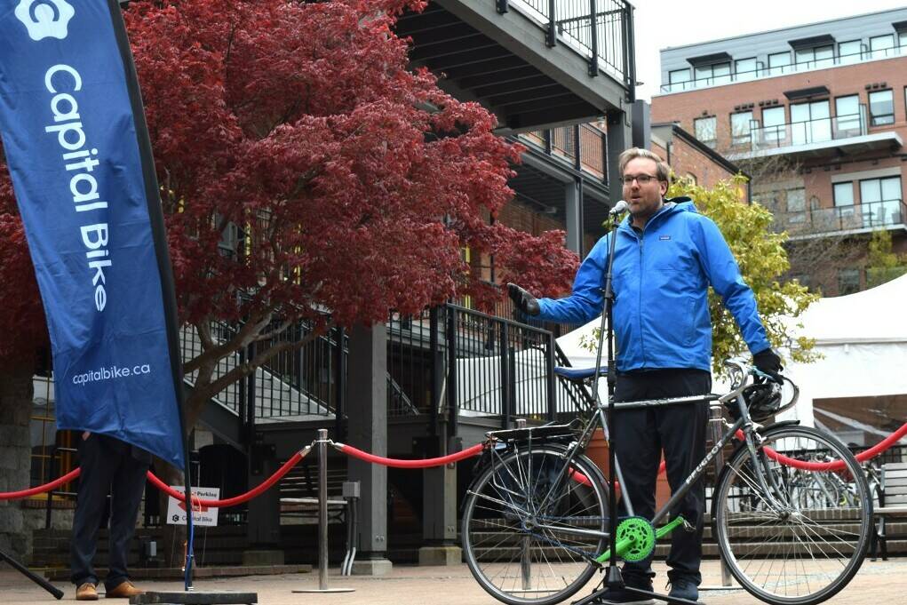 Island Health medical health officer and avid cyclist, Dr. Mike Benusic, speaks during the April 20 kickoff event for Go By Bike Week. (Kiernan Green/News Staff)