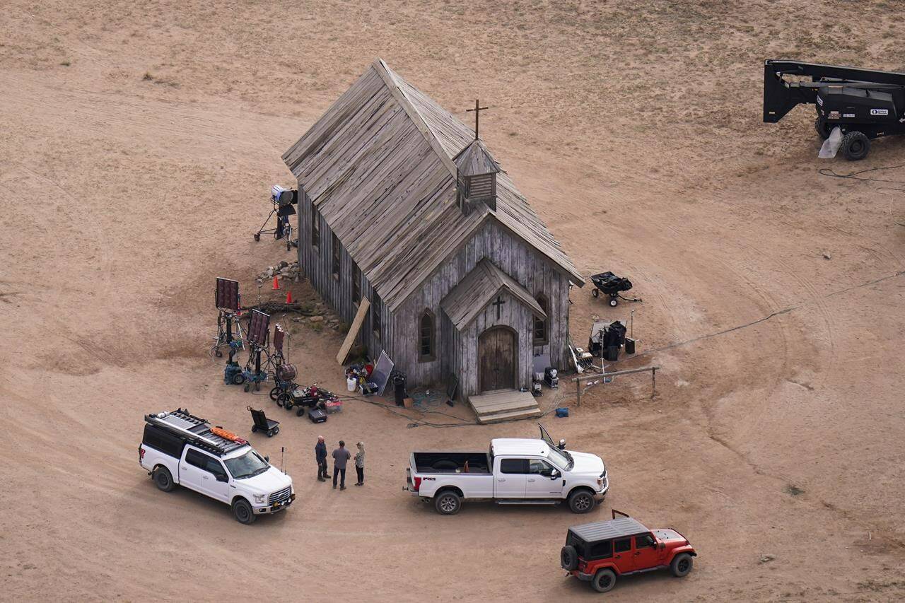FILE - This aerial photo shows the Bonanza Creek Ranch in Santa Fe, N.M., on Oct. 23, 2021. On Wednesday, April 20, 2022, New Mexico workplace safety regulators issued the maximum possible fine against a film production company for firearms safety failures on the set of “Rust” where a cinematographer was fatally shot in October 2021 by actor and producer Alec Baldwin. (AP Photo/Jae C. Hong, File)