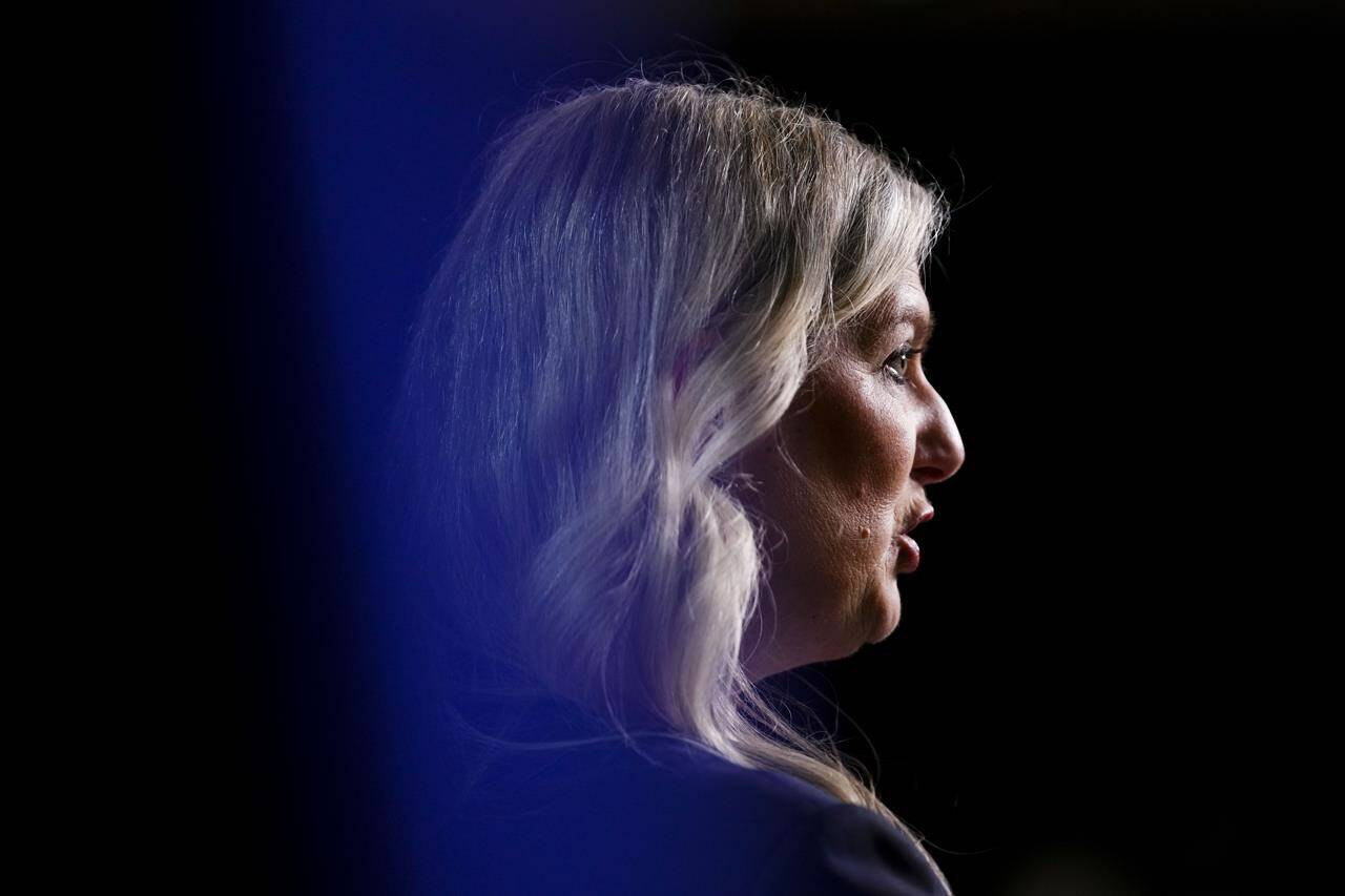 Conservative member of Parliament Leona Alleslev announces her candidacy for the Conservative leadership during a press conference on Parliament Hill in Ottawa on Wednesday, April 6, 2022. Conservative leadership candidates have until April 29 to submit their paperwork, $300,000 worth in fees and nomination signatures to appear on the final ballot. THE CANADIAN PRESS/Sean Kilpatrick