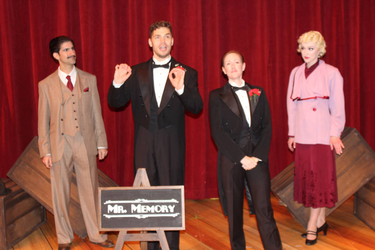 The 39 Steps with Aidan deSalaiz, Felix LeBlanc, Caitlin Driscoll and Alexandra Brynn is on stage at the Chemainus Theatre April 22-May 22. (Photo by Don Bodger)