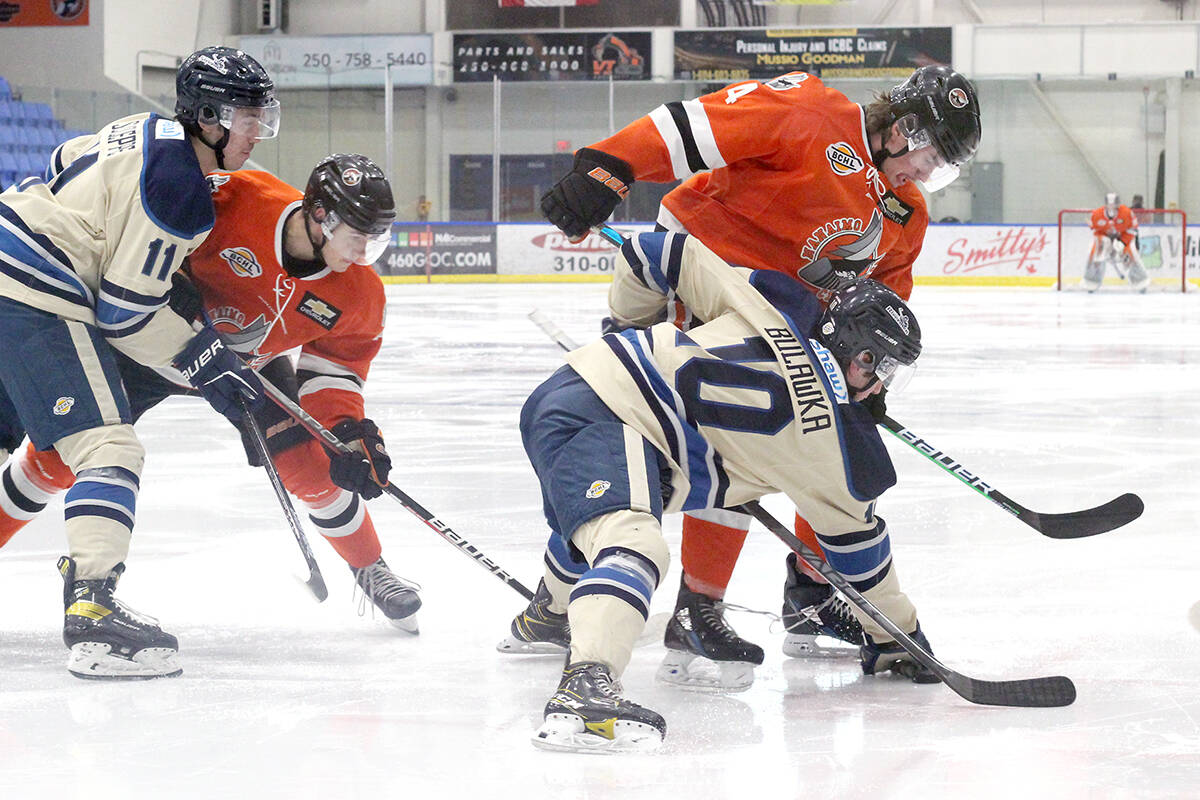 Langley Rivermen forward Max Bulawka and Nanaimo Clippers forward Charles Tardif compete for a faceoff during a BCHL regular-season game earlier this year at Frank Crane Arena. (News Bulletin file photo)