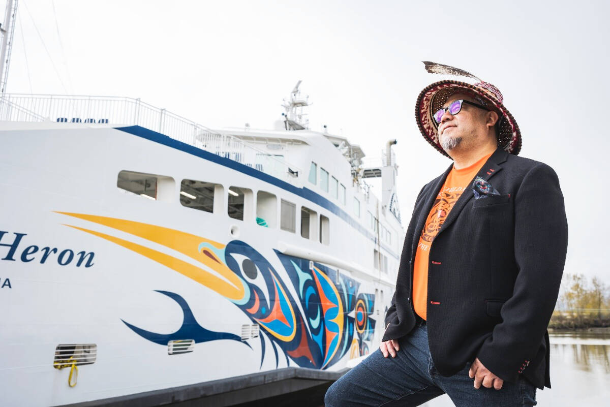 Maynard Johnny Jr. looks over the Salish Heron at BC Ferries Fleet Maintenance Unit in Richmond. (Photo by BC Ferries)