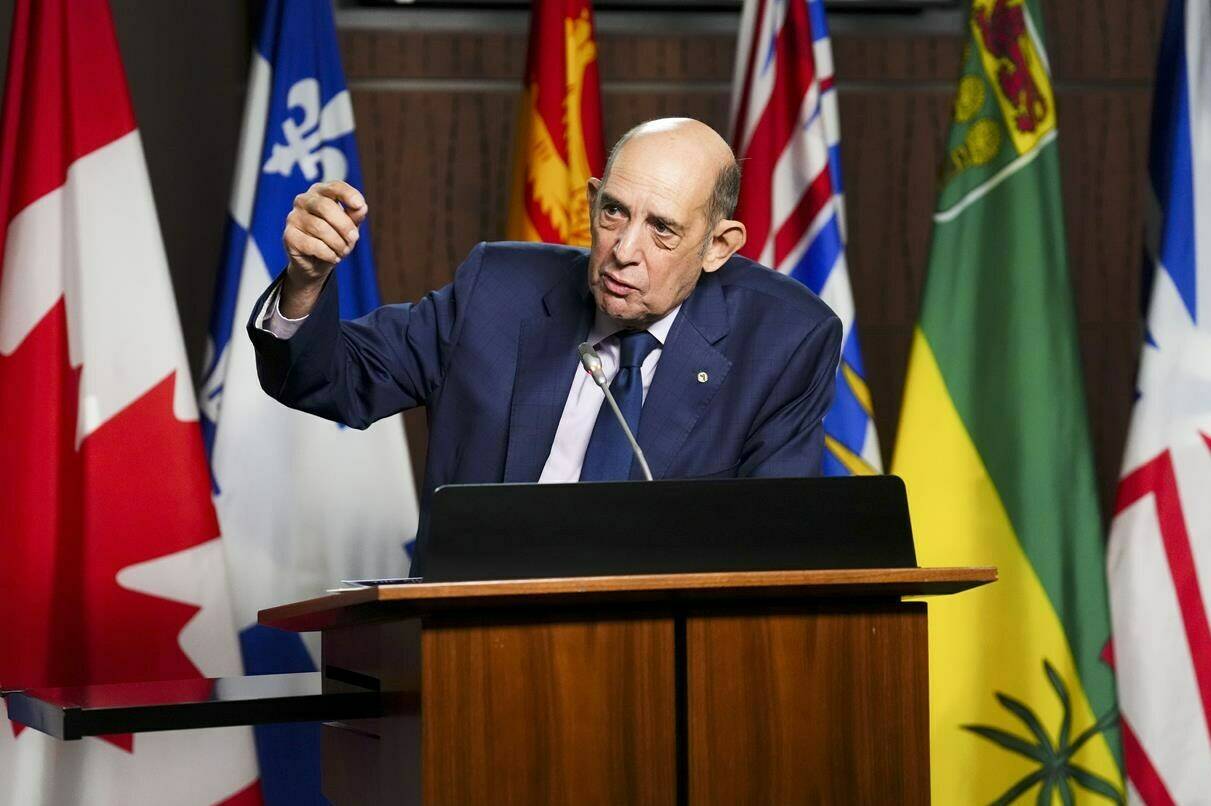 Marvin Rotrand, National Director of the League for Human Rights, B’nai Brith Canada, speaks about the increase in antisemitic incidents in Canada during a news conference on Parliament Hill in Ottawa on Monday, April 25, 2022. THE CANADIAN PRESS/Sean Kilpatrick