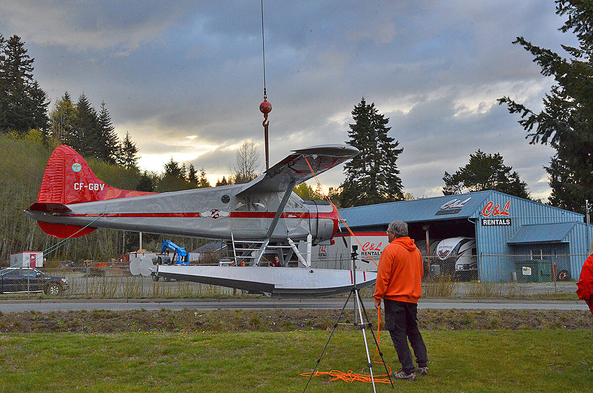 The de Havilland Beaver waits at 14th Ave. and Highway 19 Monday, April 25 to be set on a pedestal as part of a 10-year Campbellton Neighbourhood Association project to create a tribute to the city's aviation history. Photo by Alistair Taylor/Campbell River Mirror