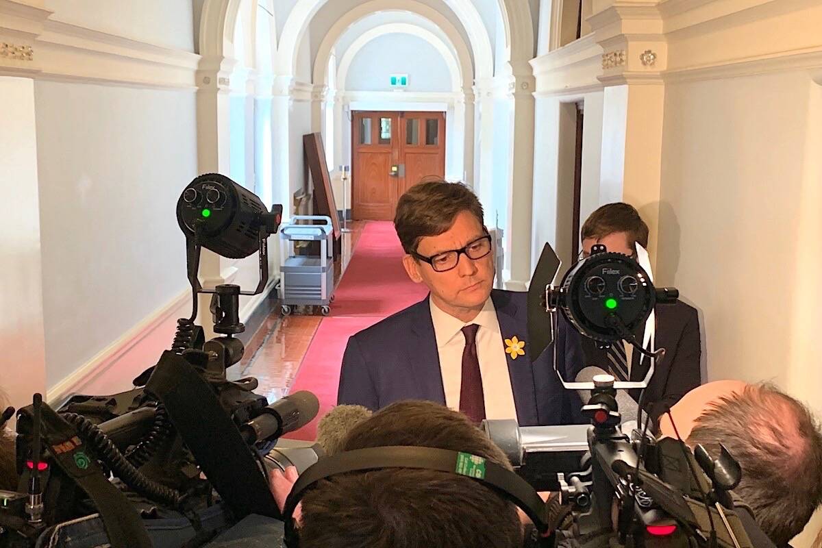 B.C. Attorney General David Eby takes questions at the legislature, April 25, 2021. (Tom Fletcher/Black Press)