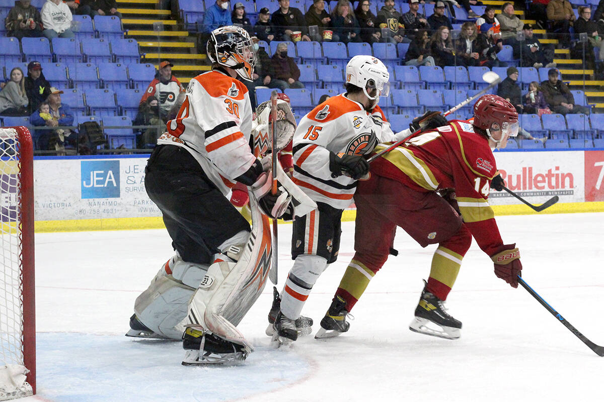 Nanaimo Clippers goalie Cooper Black follows the action in his end of the ice during a playoff game last week against the Chilliwack Chiefs at Frank Crane Arena. (Greg Sakaki/News Bulletin)