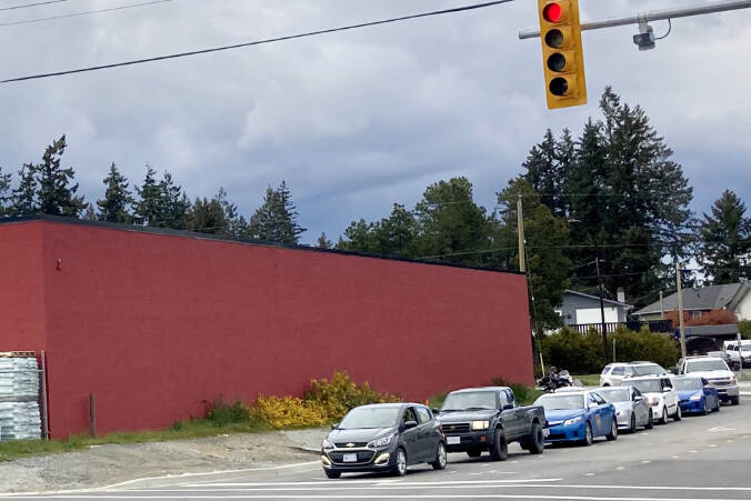 Traffic sits lined up Wednesday on the end of Glen Lake Road where it meets up with Sooke Road. The City of Langford reconfigured Glen Lake Road to align it with the traffic signal at Happy Valley Road. (Bailey Moreton/News Staff)