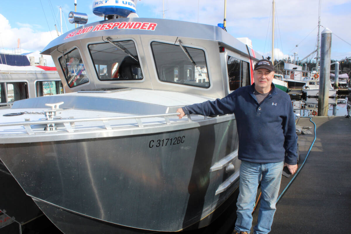 Brian Francoeur at the Chemainus dock beside the Island Responder that’s been in service for a few months and making such a difference to residents of nearby islands to get medical treatment quickly. (Photo by Don Bodger)