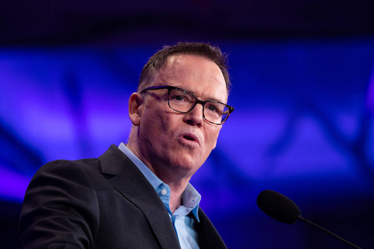 Kevin Falcon addresses the crowd after being elected leader of the B.C. Liberal Party in Vancouver, on Saturday, February 5, 2022. THE CANADIAN PRESS/Darryl Dyck