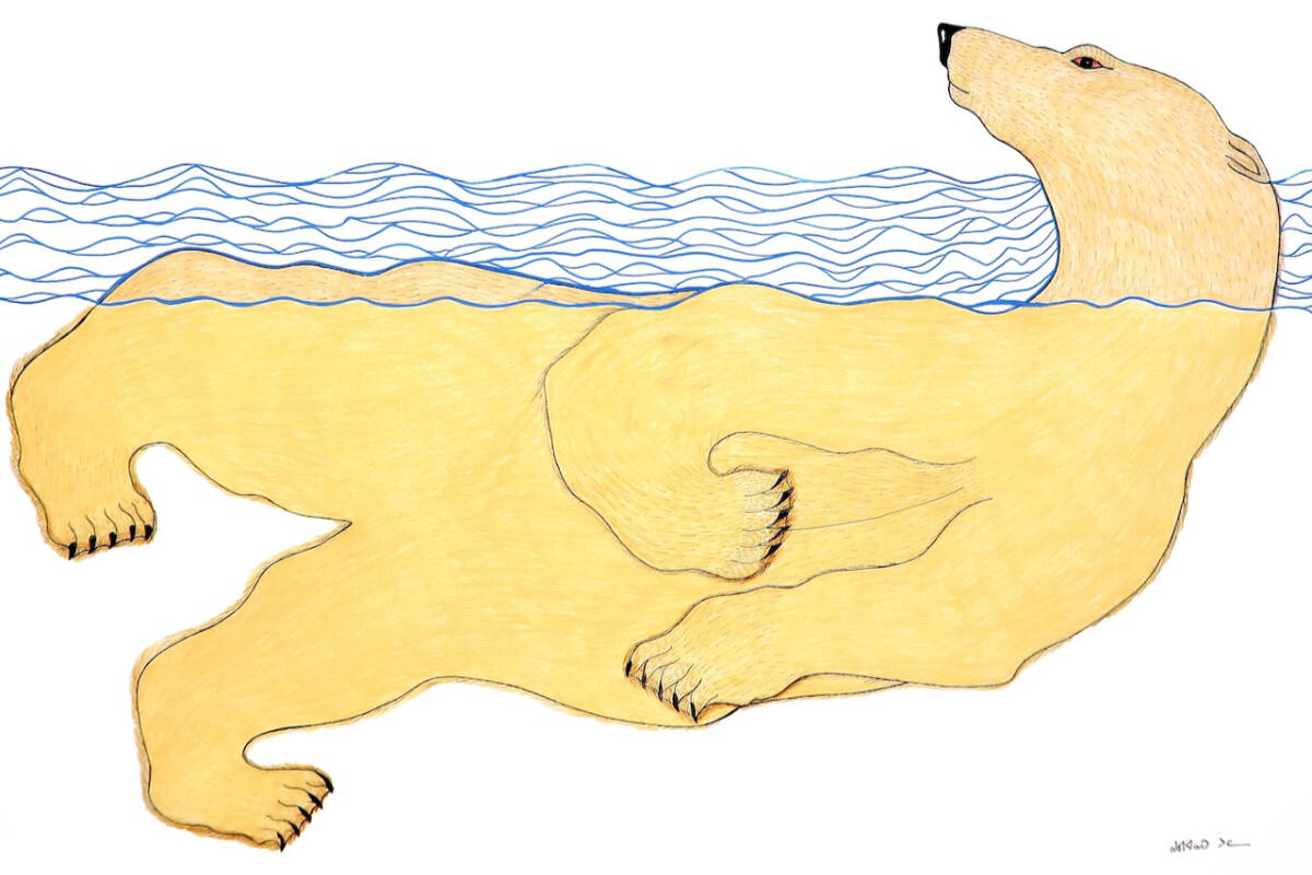 Quvianaqtuk Pudlat’s untitled swimming bear at Madrona Gallery.