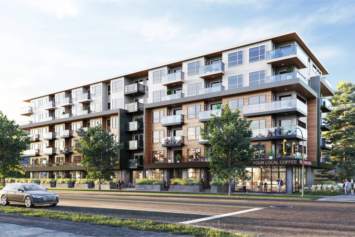 A proposal for a six-storey mixed-use building at the corner of Shelbourne Street and McRae Avenue is coming to Saanich council for discussion on Monday (May 9). (Courtesy of Abstract Developments)