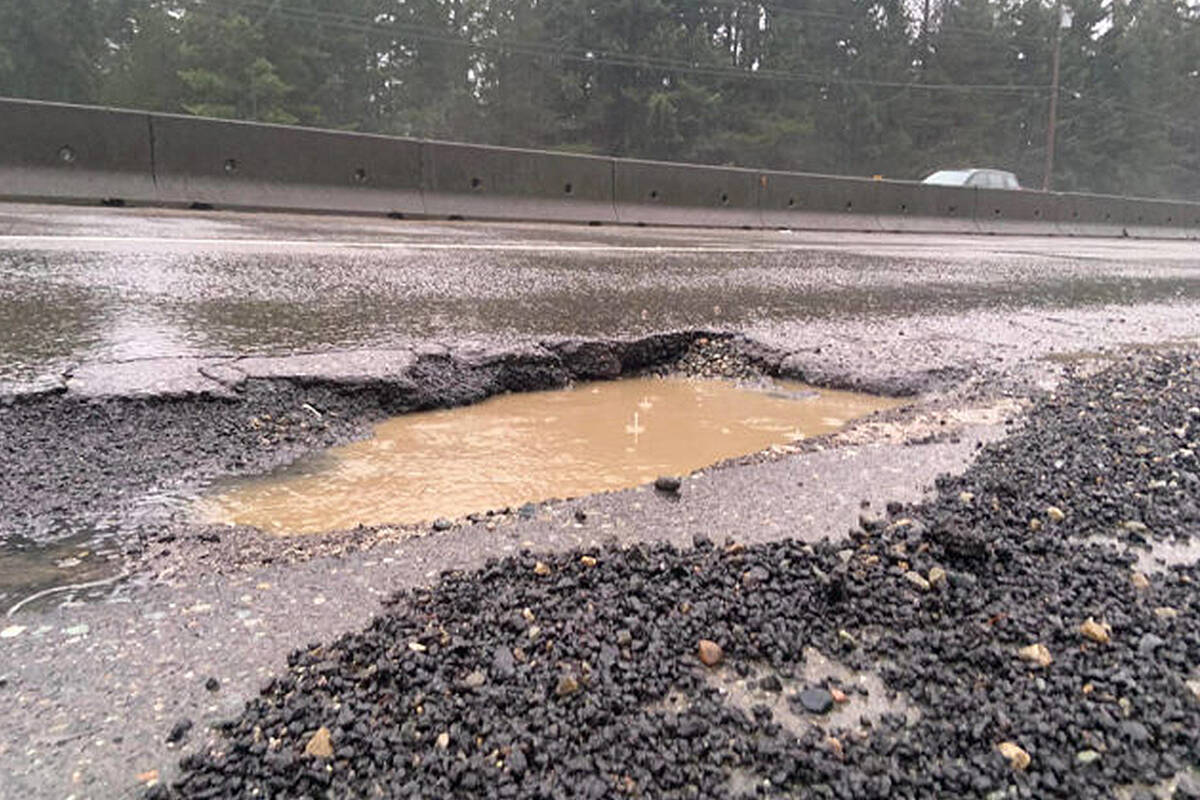 Damage to vehicles from potholes on Highway 19 in late December, early January resulted in about 90 claims to the maintenence contractor. (Devon Matheson/Facebook photo)