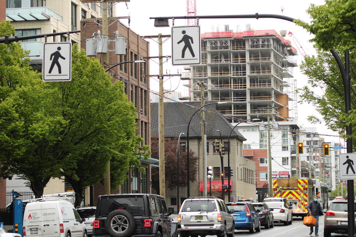 Condo prices in Greater Victoria have risen in the first quarter of 2022. Construction is pictured in downtown Victoria in May 2022. (Jake Romphf/News Staff)