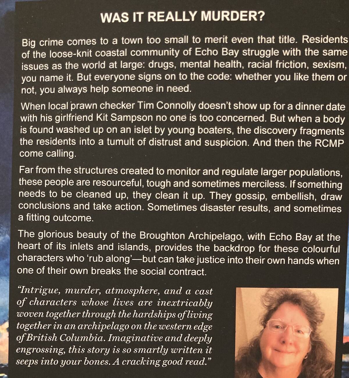 The back cover of Yvonne Maximchuk’s fiction novel ‘Murder Rides A Gale Force Wind.’ (Submitted photo)