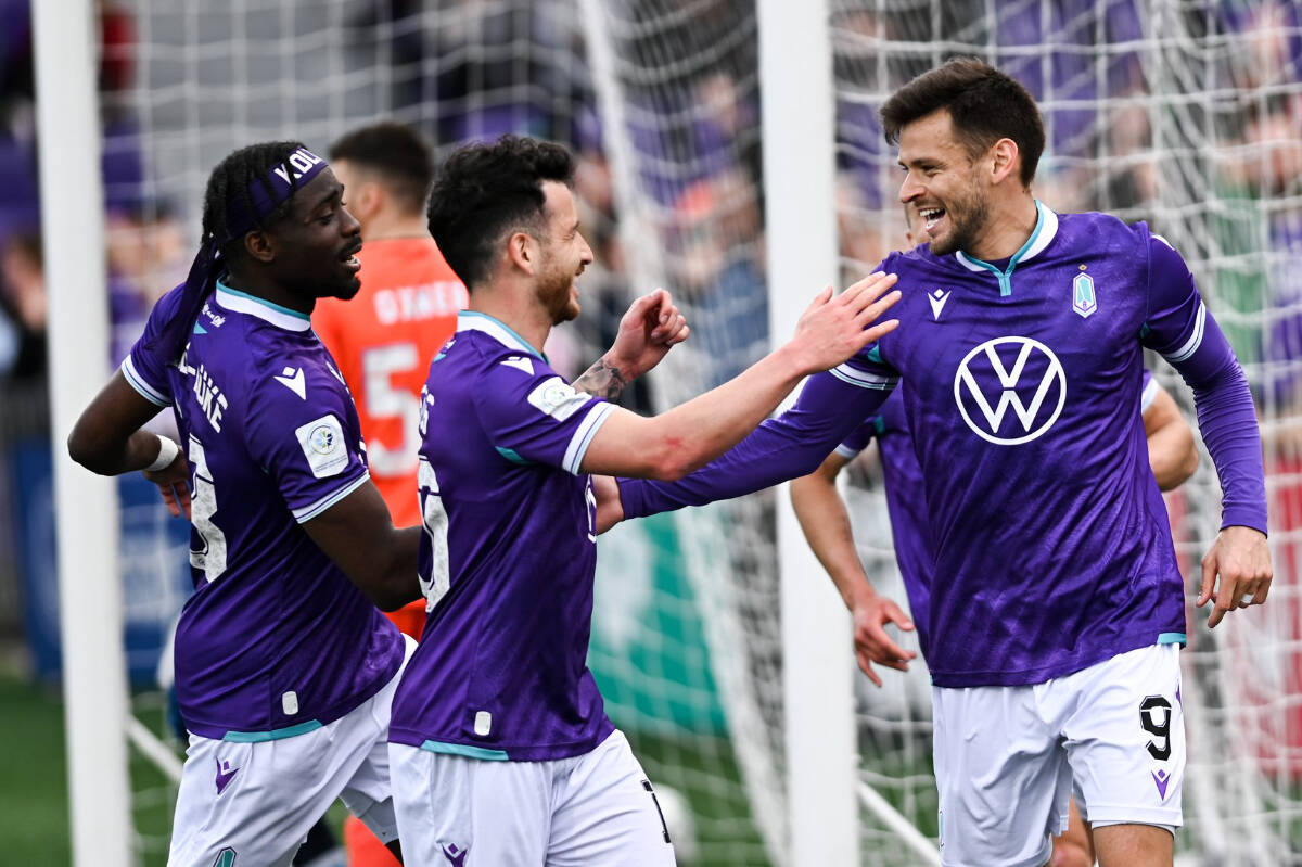 Pacific FC’s Alejandro Diaz celebrating his late penalty goal against Halifax on Saturday, April 23, at Starlight Stadium in Langford. Diaz is the Canadian Premier League’s top scorer with four goals. (Simon Fearns/Black Press Media)