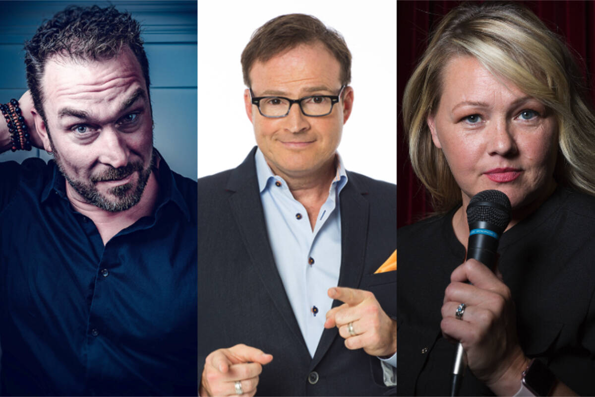 Host and comic Steve Patterson, flanked by comics Derek Seguin and Erica Sigurdson, brings the hilarious spontaneity of The Debaters Live on Tour to the Royal Theatre on May 13. (Photos, from left, by Joep Hovens, John Hryniuk and courtesy Erica Sigurdson)