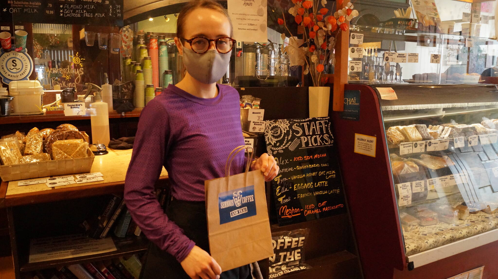 Tyra Betschart, assistant manager at the Serious Coffee in Sooke, says the they have always used plastic bags. (RIck Stiebel-Sooke News Mirror)