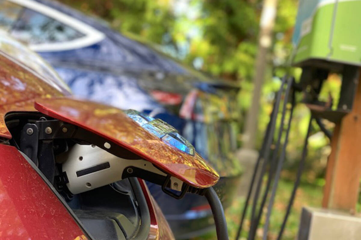 An electric vehicle charging at the University of Victoria. (Courtesy of Pacific Institute for Climate Solutions)