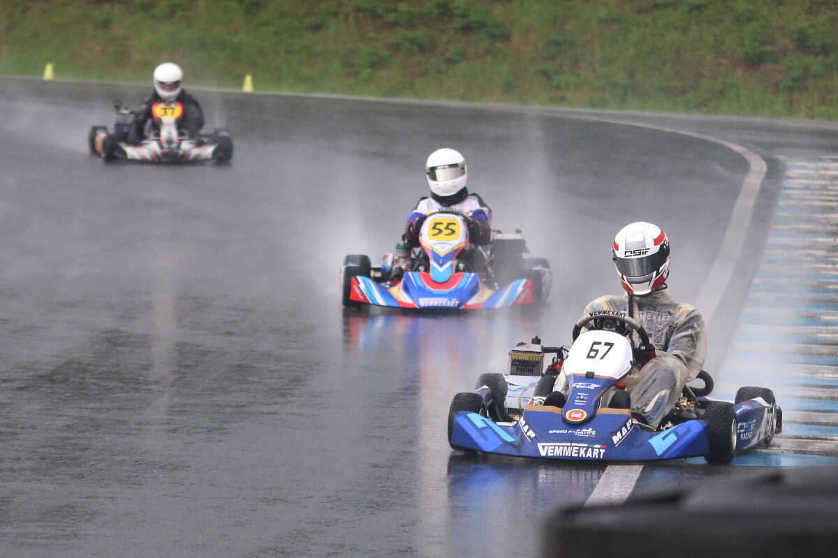 Kart drivers round a turn at the Vancouver Island Motorsport Circuit during races hosted by the Vancouver Island Karting Association on May 8. (Kevin Rothbauer/Citizen)