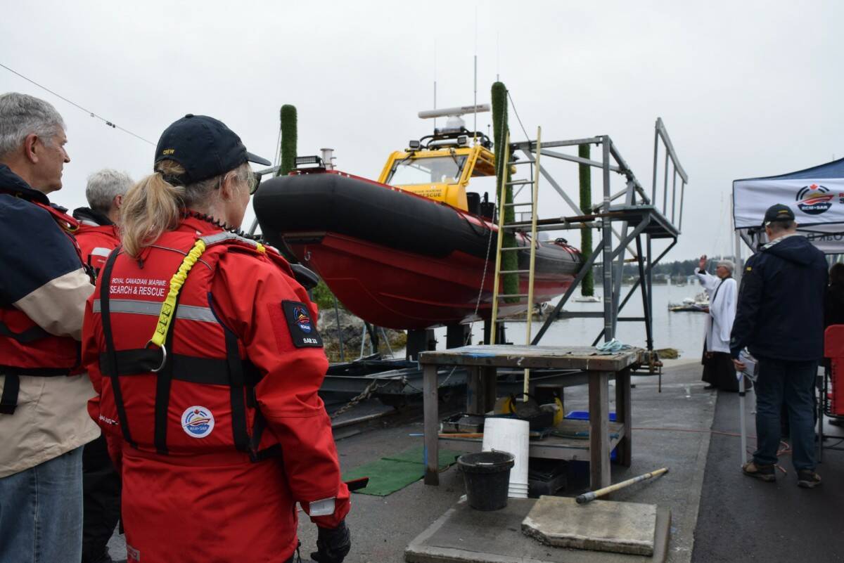 Oak Bay Sea Rescue Three is blessed at the Royal Victoria Yacht Club on May 15. (Kiernan Green/News Staff)