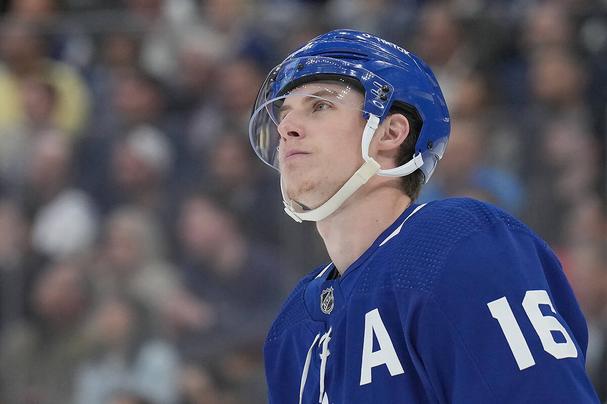 Toronto Maple Leafs right wing Mitchell Marner (16) looks towards the scoreboard after a penalty call goes against the Maple Leafs during first period NHL first-round playoff series action against the Tampa Bay Lightning in Toronto on Tuesday, May 10, 2022. THE CANADIAN PRESS/Nathan Denette