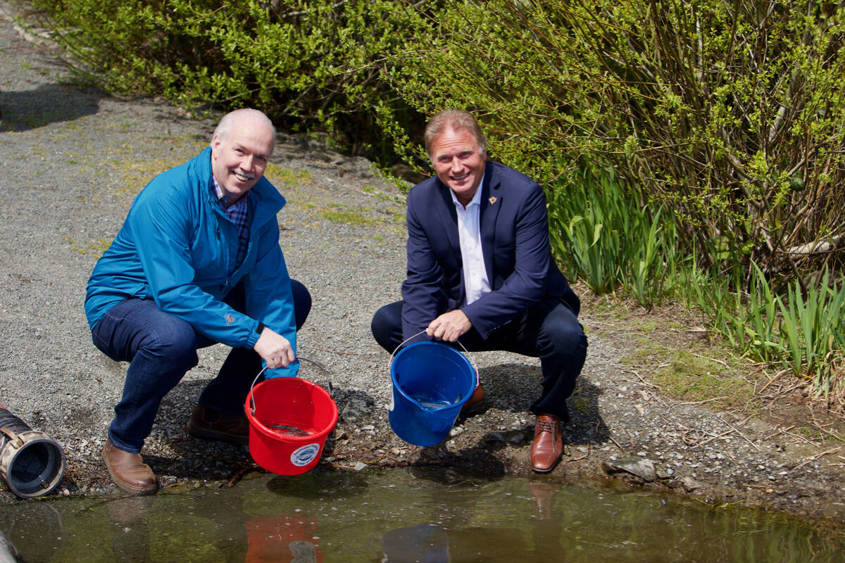 Langford Mayor Stew Young, here joining Premier John Horgan in helping restock Glen Lake with rainbow trout at a previous event, defended the city’s environmental protection record during a May 16 council meeting. (Justin Samanski-Langille/News Staff)