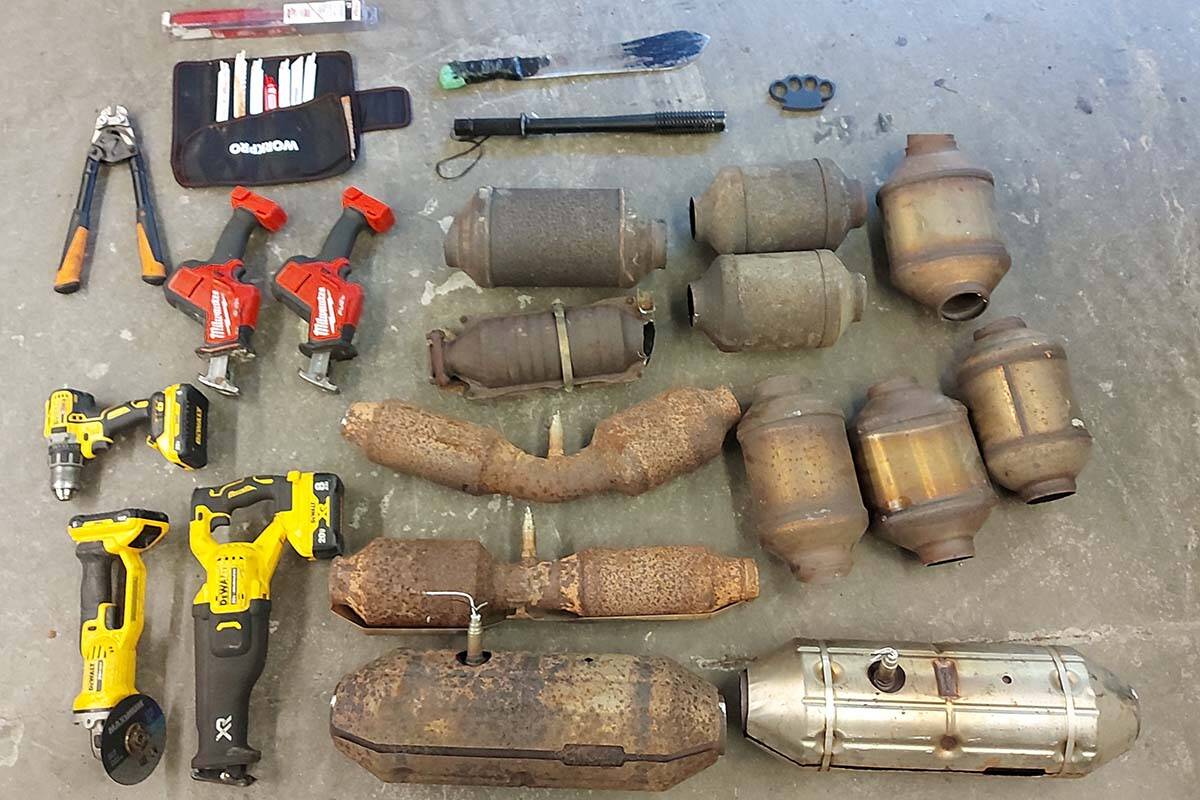 Among the items police discovered in a stolen vehicle that sped away from Abbotsford into Langley on Jan. 20 were 12 catalytic converters. Tyson Fust of Langley has now been sentenced. (PHOTO: Abbotsford Police Department)