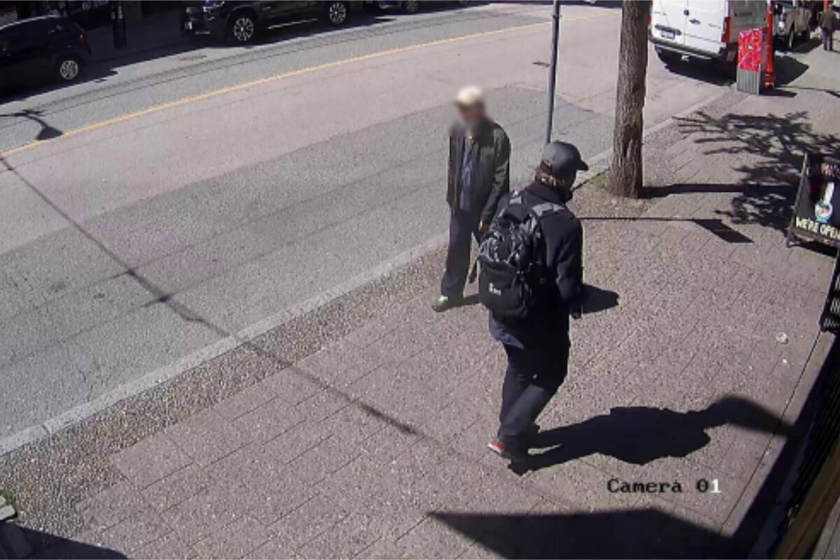 Police released this CCTV video of the suspect, a man between the ages of 30 and 40 years-old who is about six-feet tall. He was last seen wearing a black jacket, dark-coloured pants, a grey baseball cap, grey shoes with red trim and white soles and was carrying a black backpack. (VPD photo)