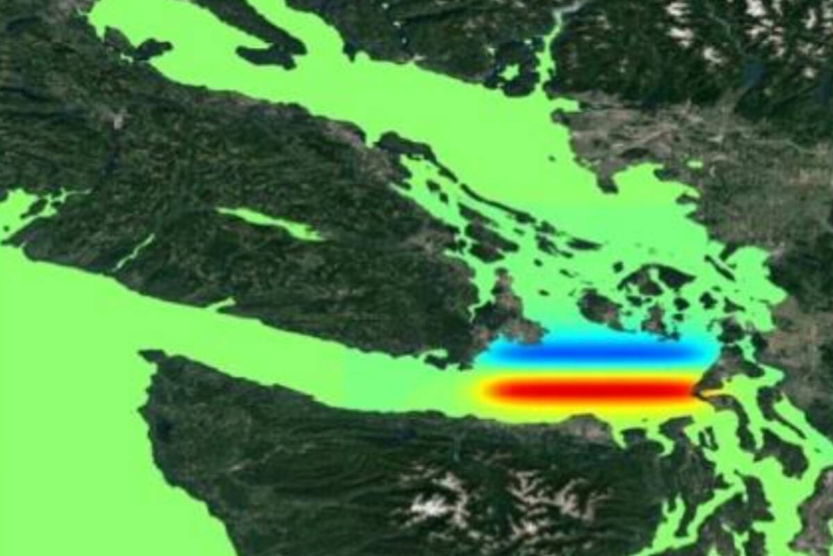 A map from the tsunami risk presentation given to Oak Bay council shows the trajectory of the Devil’s Mountain fault scenario heading towards Oak Bay from across the Strait of Juan de Fuca. (Courtesy of the CRD)